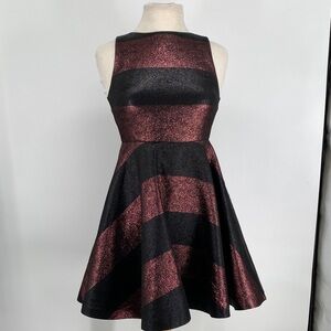 Alice + Olivia Black and Metallic Burgundy Striped Fit & Flare Mini Dress